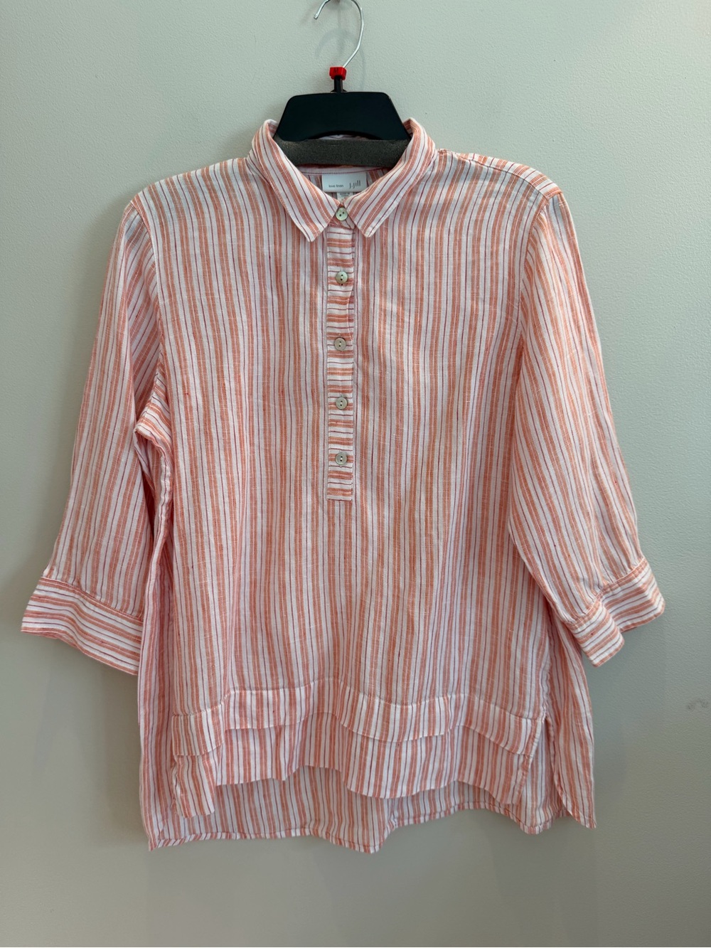J Jill Love Linen Shirt Orange white striped 100% linen popover Women’s Petite M